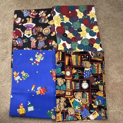 Lot of 4 Teddy Bear Novelty Print Fabric Pieces Multicolor Assorted Patterns