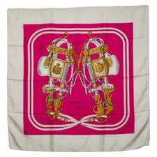 Used Hermes Carre 90 BRIDES de GALA Ceremony bridle scarf pink ivory silk
