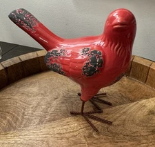Ceramic Red Bird Wire Feet Crackle Glaze Farmhouse Cottage Chic Whimsy Shelf Sit