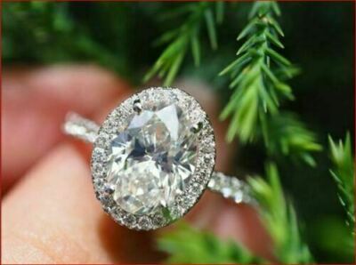 Oval Cut 2.40Ct Diamond White Gold Over Halo Engagement Ring Simulated Size 8.5