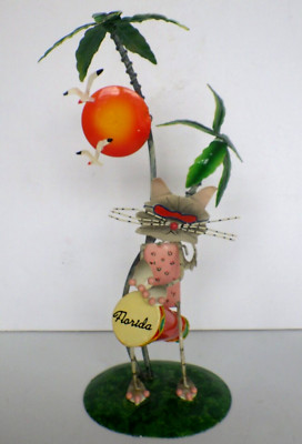Florida Souvenir Metal Tin Cat Playing Bongo Palm Tree's Sun Seagulls Large 14''