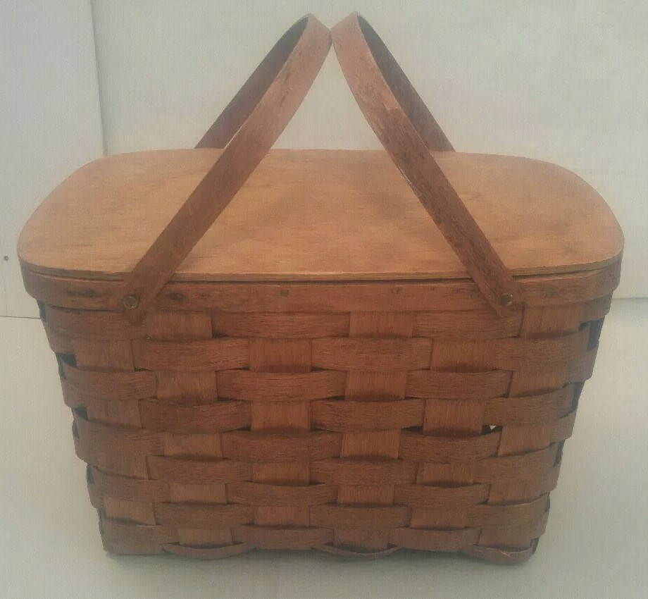 Vintage Basketville Putney Vermont Woven Wood Picnic Basket with 2 Top