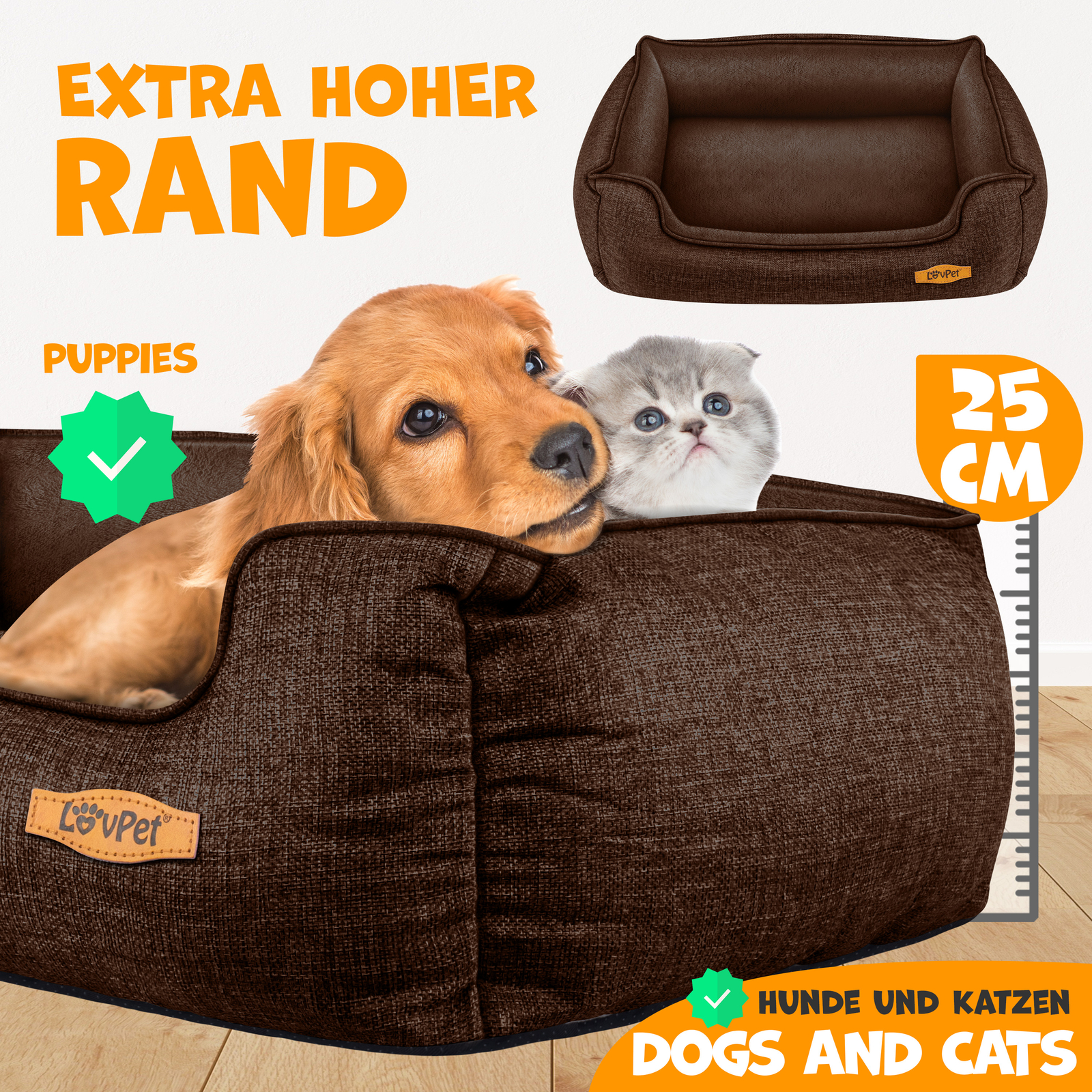 LvRao Hundebett Aus Cord – Kaffee, Größe M (50 X 40 X 17 Cm), Für Alle Jahreszeiten, Rechteckig, Waschbar