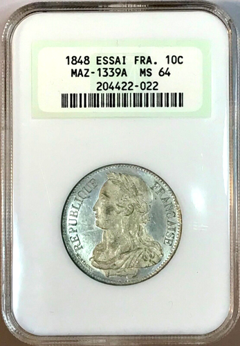 Old French Pattern Coin 1848 France Republic Essai Cameo 10 Centimes NGC MS64