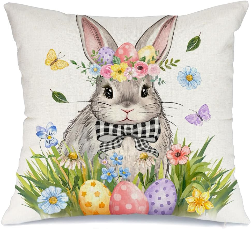 Easter Bunny Floral Eggs 18x18 Inch Decorative Holiday Pillow Cover Case