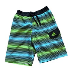Adidas Boys Blue Green Black Striped Built in Brief Swim Trunks Shorts Medium