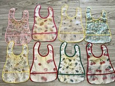 EVA Baby Bibs 8 Preowned Plastic w Staining approx 10" Snaps Crumb Food Catcher