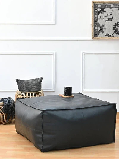 Black Leather Moroccan Footstool Pouffe Ottoman Boho Unstuffed Genuine New 20''