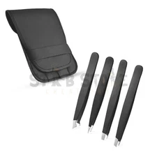 Tweezers Set 4-Piece Professional Black Plucker Stainless Steel With Case