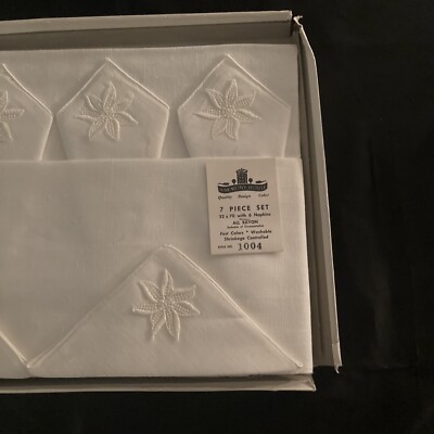 Vtg Harmony House Rayon Tablecloth Napkins White Table Linens 52x70 Japan