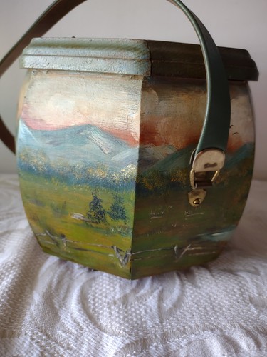 Vintage Wooden Hand Painted Cottage Mountains Octagonal Box Tote Purse Juka 80 - Picture 8 of 12
