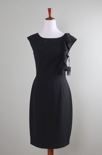 CALVIN KLEIN NWT $134 Solid Black Ruffle Pleated Lined Pencil Dress Size 8