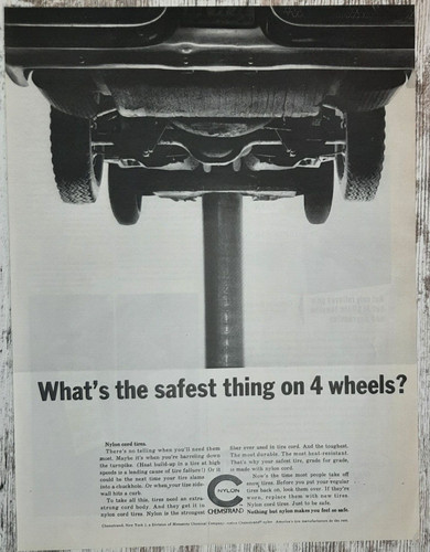 1963 Nylon Vintage Print Ad Chemstrand Tires Cord Safety Strength Car Hoist B&W