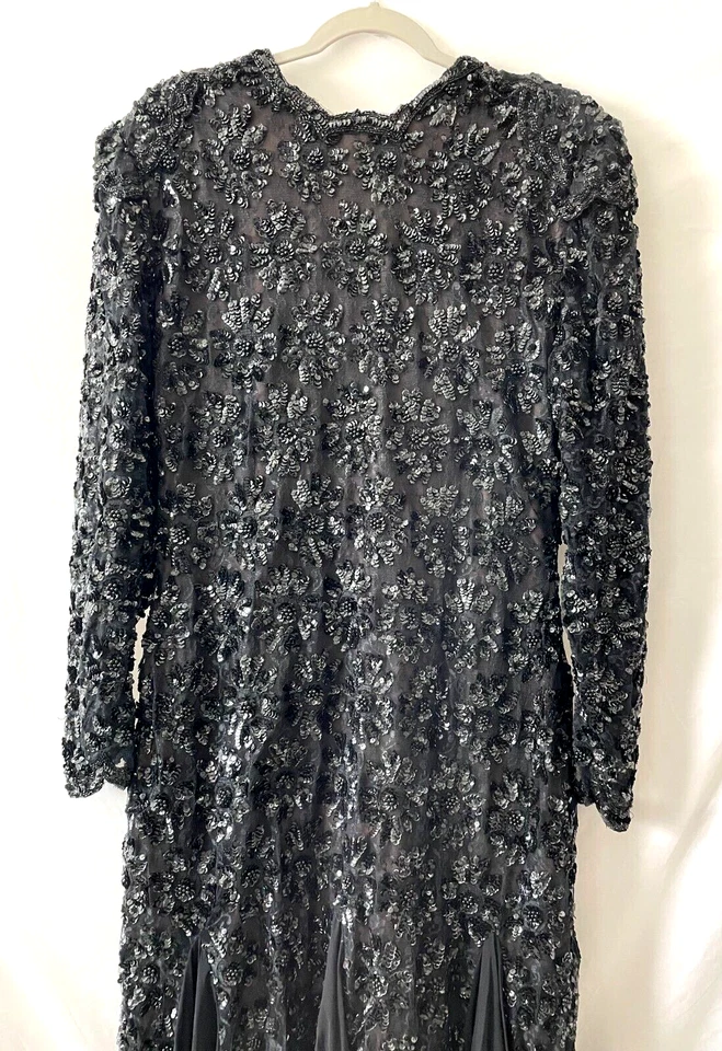 Vestido De Colección Años 70 Diseñador Travilla Negro Lentejuelas Profundo Espalda V Talla M Foto 3 de 4