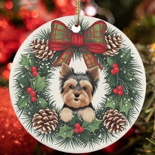 Cute Baby Yorkshire Terrier Dog Christmas Wreath Ornament Gift Decor Puppy Lover