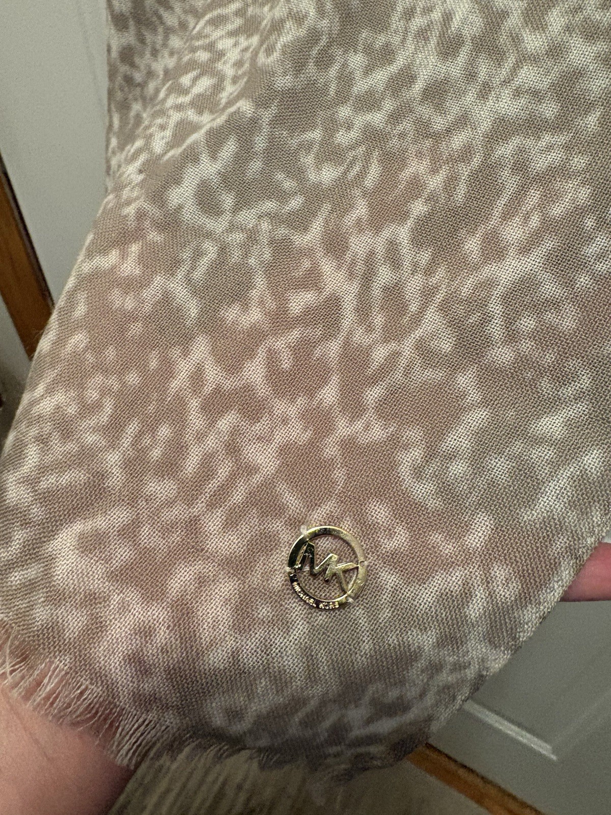 Michael Kors Tan Animal Print Scarf - Gold MK Logo Charm