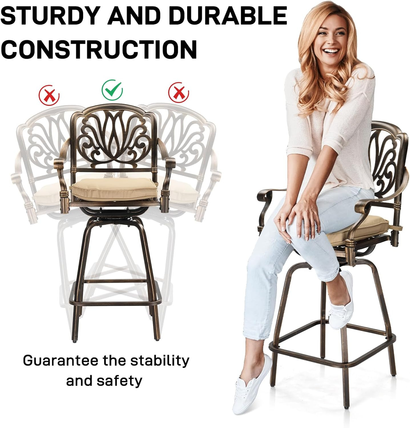 VINGLI Outdoor Swivel Bar Stools Set of 2, Cast Aluminum Patio Bar Height Chairs