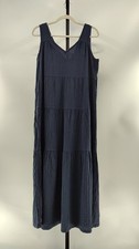 Quince 100% Organic Cotton Gauze Tiered Maxi Dress Indigo Blue Basic Sleeved S