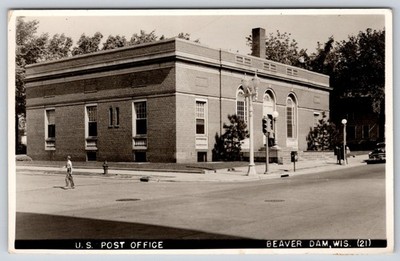 Beaver Dam Wisconsin~US Post Office~Small Mail Box~Boy Crosses Street~1950 RPPC