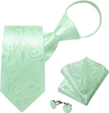 Silk Zipper Ties for Men,Paisley Solid Plaid Pre-tied Tie and Pocket Square Cuff