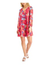 INC Womens Shift Mini Dress Pink Zippered Long Sleeve V Neck Party Floral XS