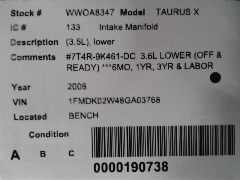 Colector de admisión inferior 08 2008 Ford Taurus X 3,5 L 7T4R-9K461-DC Foto 4 de 4