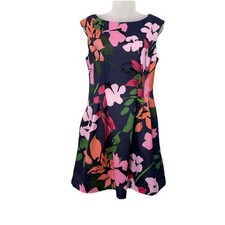 Vince Camuto Fit Flare Dress 10 Pink Blue Green Orange Floral Sleeveless Pocket