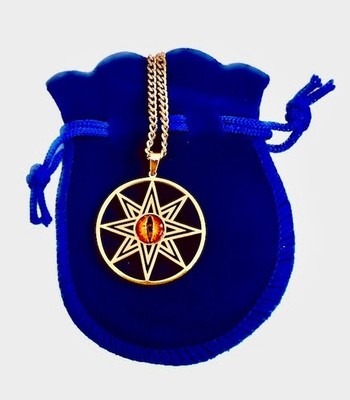 Amulet to attract love with Ishtar Goddess Star Design, Gold Tone w/Lizard eye