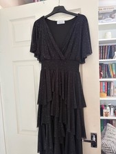quiz dress size 8 black shimmer layered shirred waist long with butterfly sleeve