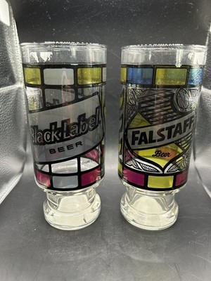 Vtg 70's Stained Glass Beer Glasses Falstaff & Black Label  14oz 6  1/2'' Pub Bar