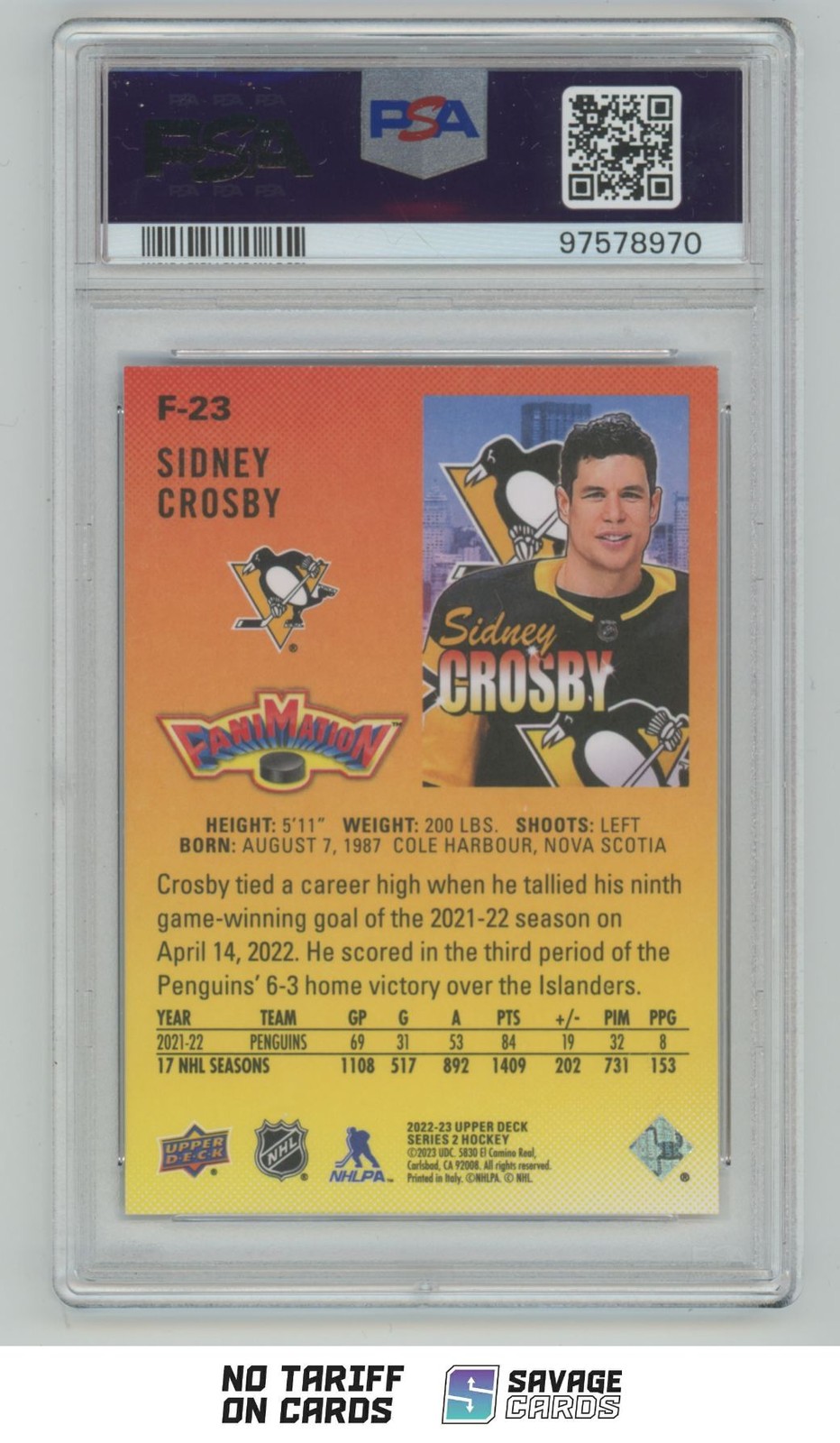 2022-23 Upper Deck Fanimation Sidney Crosby PSA 9 #F-23 Pittsburgh Penguins view 2