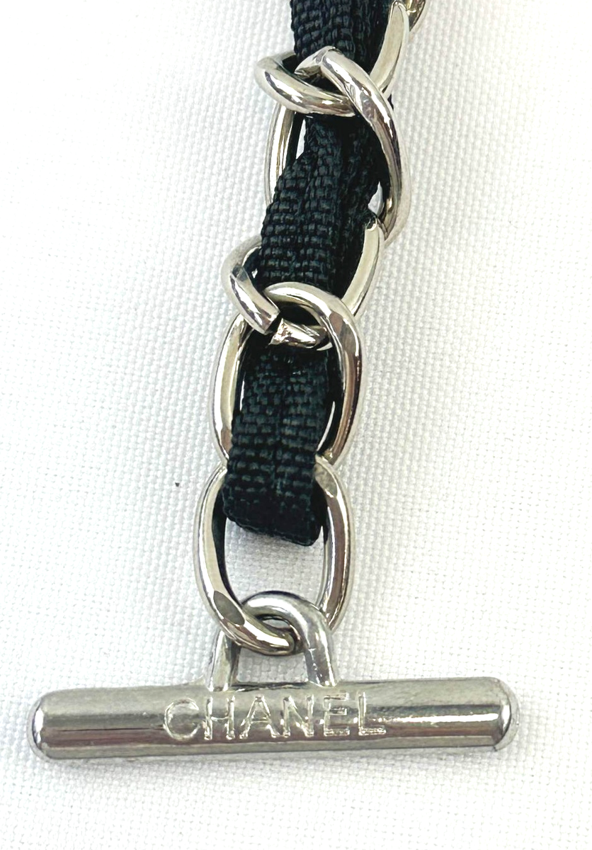CHANEL 2 Chain Replacement Handbag Straps Black Silver Fabric