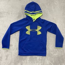 Under Armour ColdGear Hoodie Youth Medium Blue Neon Green Big Logo Loose Fit