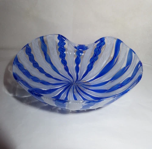 Vintage Murano Venetian Zanfirico Latticino Ribbon Art Glass Bowl w/ Orig. Label