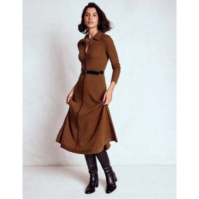 Boden Rachel Knitted Shirt Dress 10P Brown Raw Umber Wool Cotton Ribbed Midi