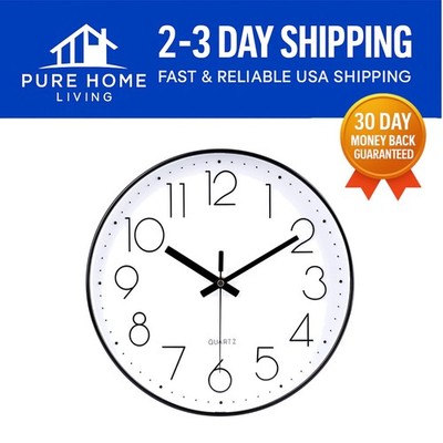Battery-Operated 12 Inch Modern Wall Clock with Large Numbers - Black Finish