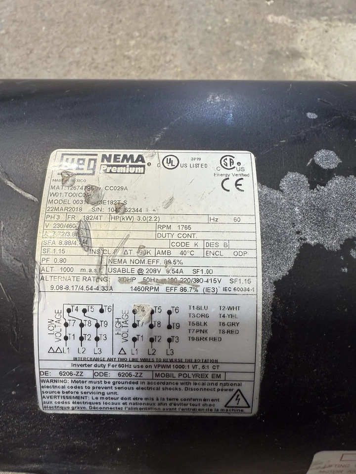 WEG 3HP 1765 RPM 3-Phase Electric Motor – Model 00336ES3E182T-S – NEMA Premium - Image 3 of 4
