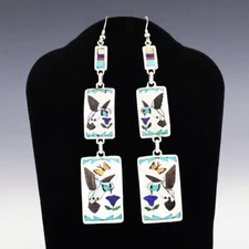 NATIVE AMERICAN ZUNI STERLING SILVER & INLAY HUMMINGBIRD EARRINGS QUINTIN QUAM