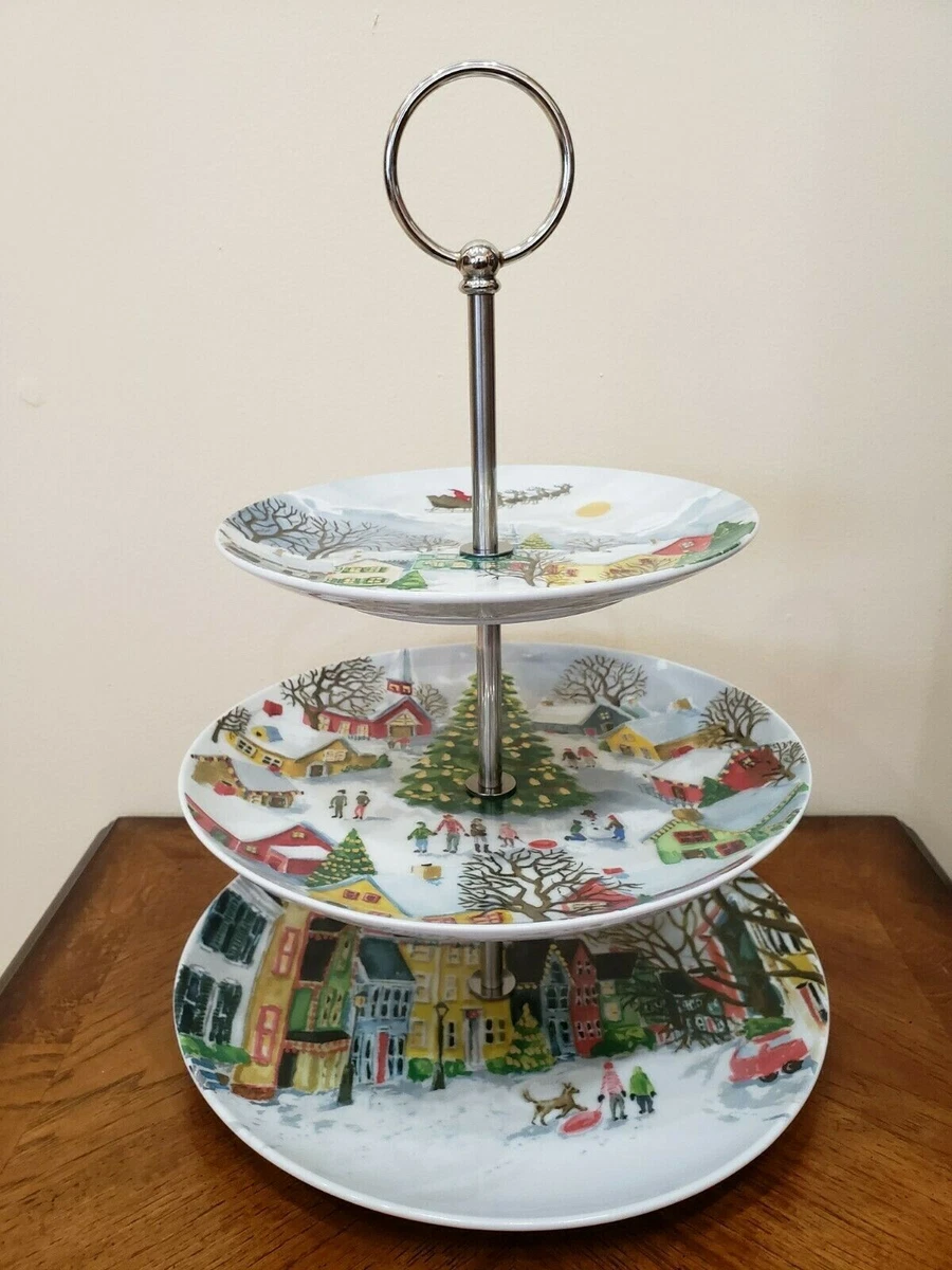 New Pottery Barn Christmas Winter Village 3 Tier Tidbit Server Tray Cake Stand