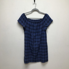 Madewell Womens Sheath Dress Blue Black Plaid Short Lined Pockets Off Shoulder 4