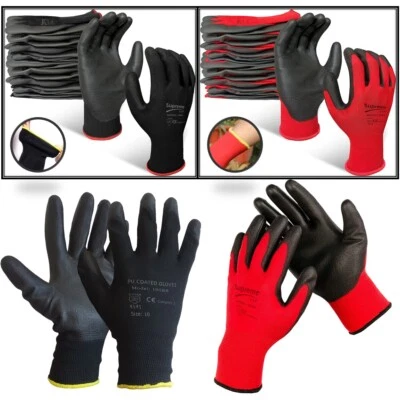 REX-SAFETY 1, 12 or 24 Pairs Black Nylon PU Safety Work Gloves Builders Grip Gardening