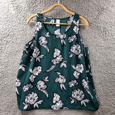 Anko Womens Tank Top Size 14 Green Black White Floral Sleeveless Round Neck