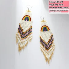 BOHO Seeds Beaded Earrings Fringe Tassel Rainbow Bohemian Dangle Drop Handmade