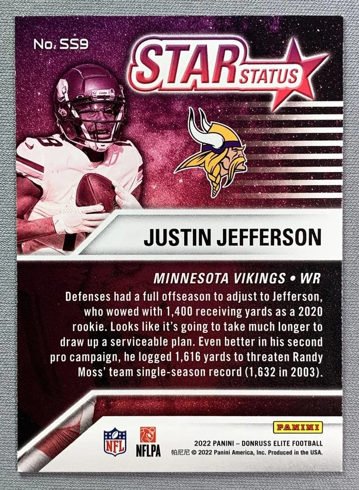 2022 Donruss Elite Star Status Pink #SS9 Justin Jefferson Minnesota Vikings - Image 2 of 2