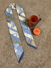 HERMES Cliquetis 062849S 15 Silk Twilly Scarf Brides ET Gris Gris Blue