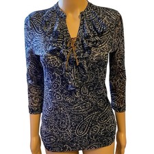 Y2K Fairy Top Blouse Size S/P Paisley Whimsigoth Navy Blue White Ruffle Chaps