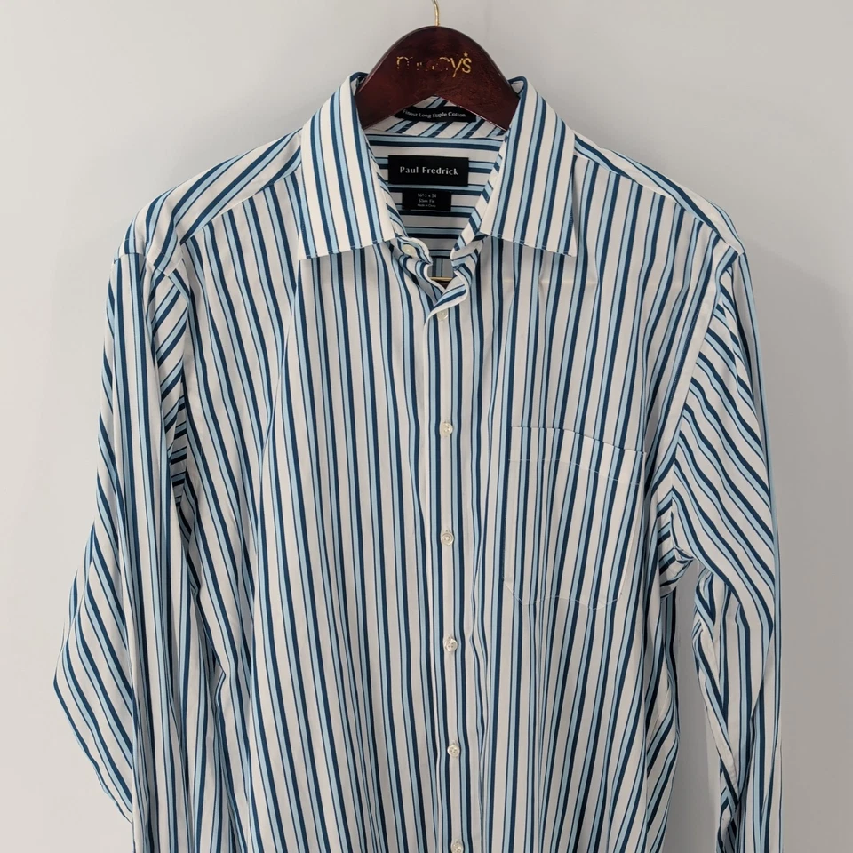 Vtg Paul Fredrick Striped Finest Long Staple Slim Fit Dress Shirt Size 16.5x34 - Image 3 of 4