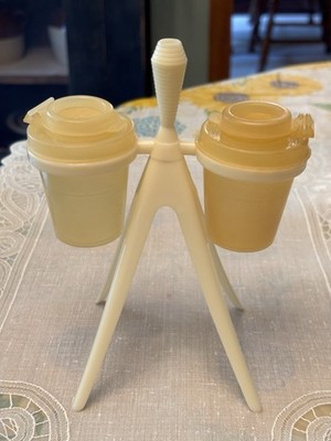 Vtg MCM Atomic Tupperware Gold Cream Salt Pepper Shakers With Lids And Stand
