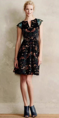 Anthropologie Eva Franco Larksong Bird Corduroy Dress Womens 6 Navy Floral Lace