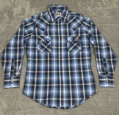 Ely Cattlemen Shirt Mens Medium Blue Metallic Pearl Snap Sawtooth Pockets Cowboy